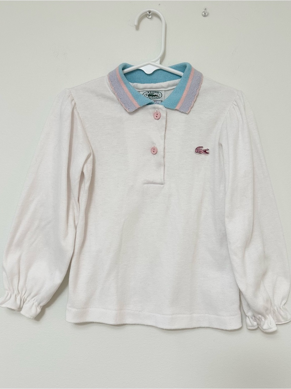 VINTAGE 80's Izod Lacoste Girls Long Sleeve Polo with Pink and Light Blue Trim